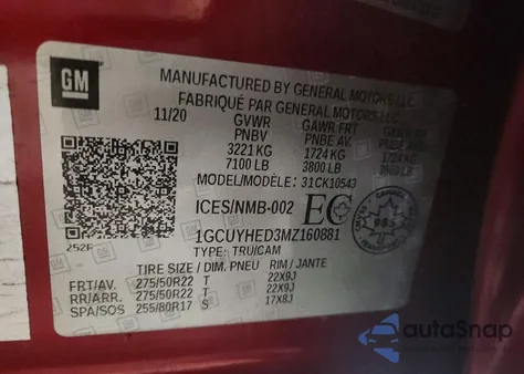 2021 Chevrolet Silverado K1500 High Country z USA, uszkodzony, nr VIN 1GCUYHED3MZ160881